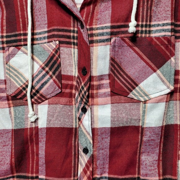 BTC Women's Button Up Hooded Shirt Size Medium Red White Plaid Flannel - Picture 3 of 6